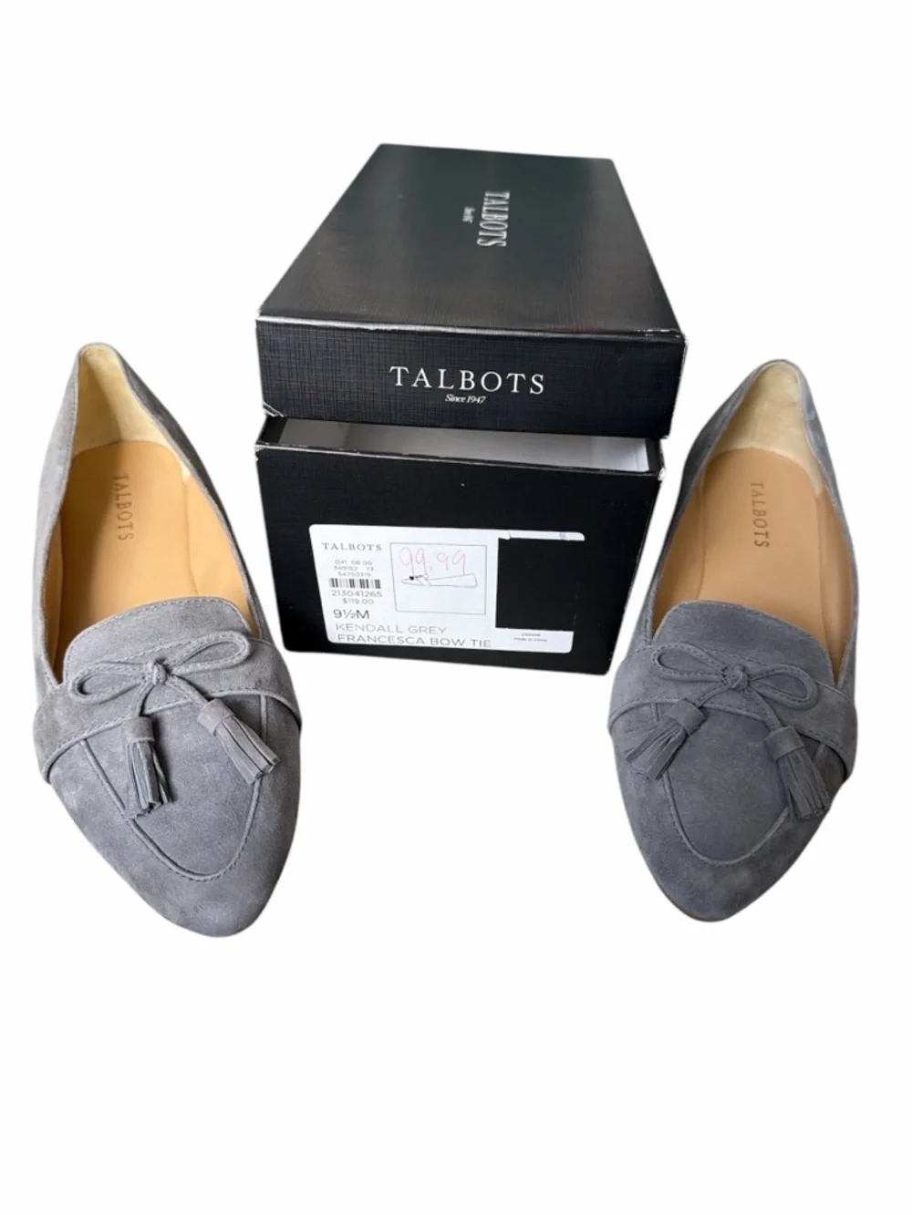 Talbots Kendall Francesca Bow Tie Flats Gray Suede Size 9.5 Pointed Toe